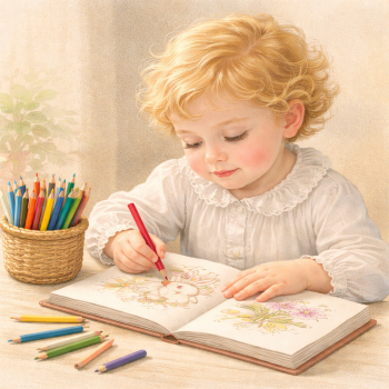 Kleines Kind malt in einem Kindermalbuch – ruhige Szene mit warmem Licht