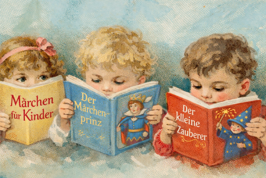 Vintage Illustration von drei Kindern, die deutsche Kinderbücher und Märchenbücher lesen