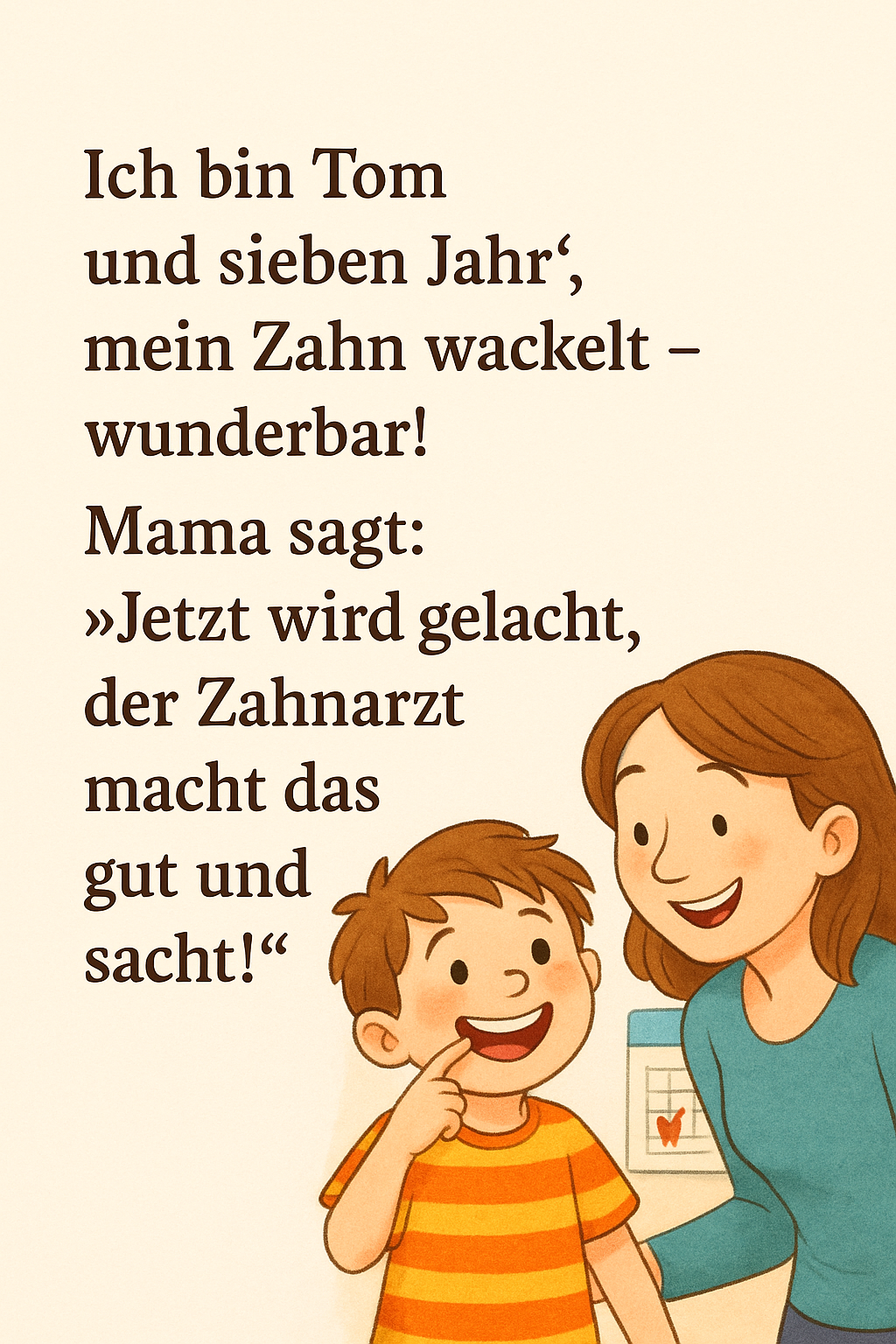 Vorschau: Kind und Mutter in einer ruhigen Zahnarztgeschichte – sanfte Vorbereitung auf den Zahnarztbesuch